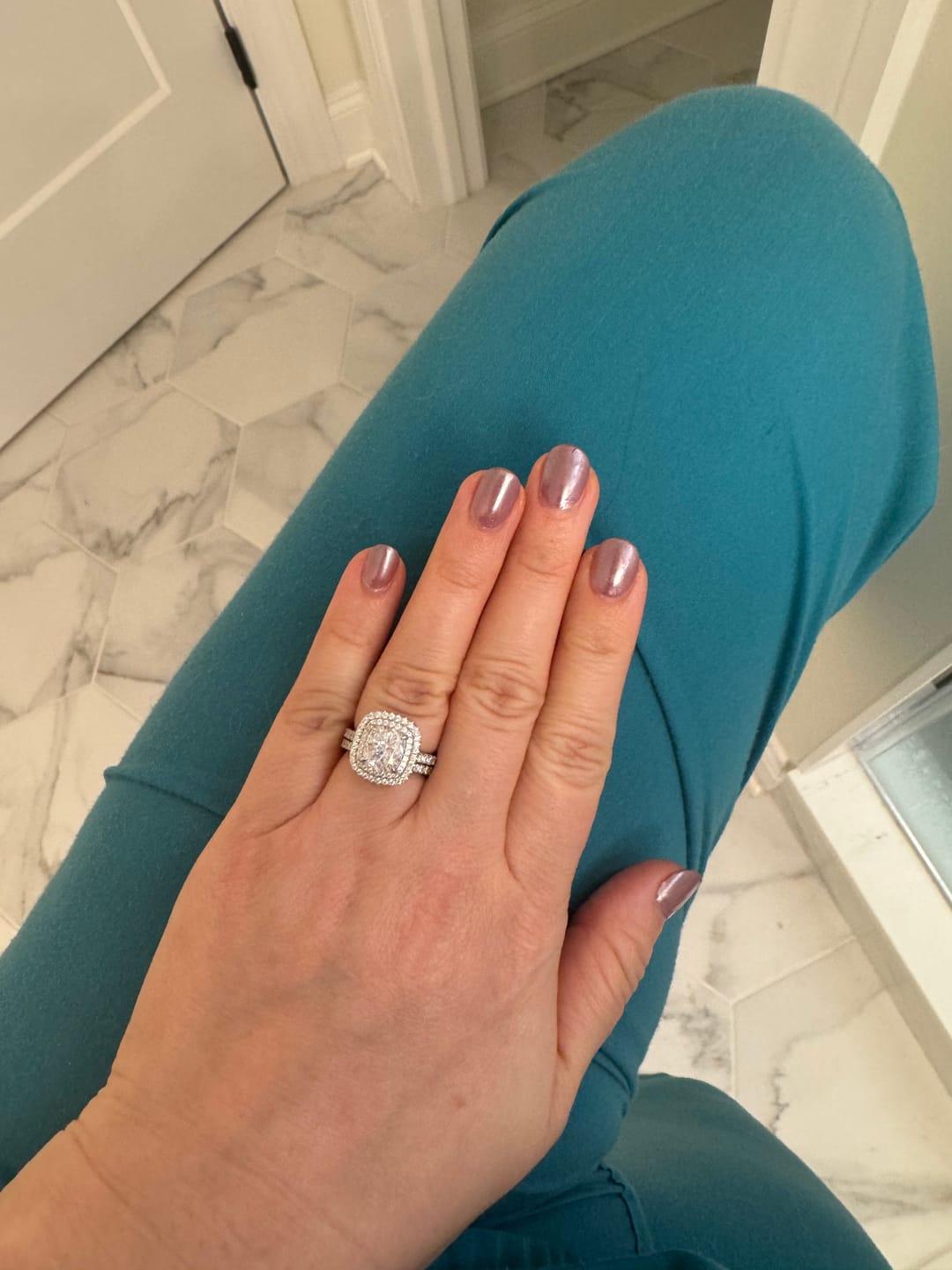Customer photo review of Louily 2.0 Carat Double Halo Cushion Cut Engagement Ring In Sterling Silver