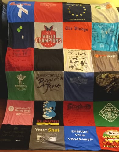 T-shirt quilt with sports, music themes by Karen from DC