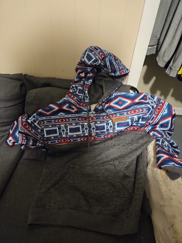Customer photo review of Lazy J Ranch Grey Red Blue Aztec Print Long Sleeve Hoodie