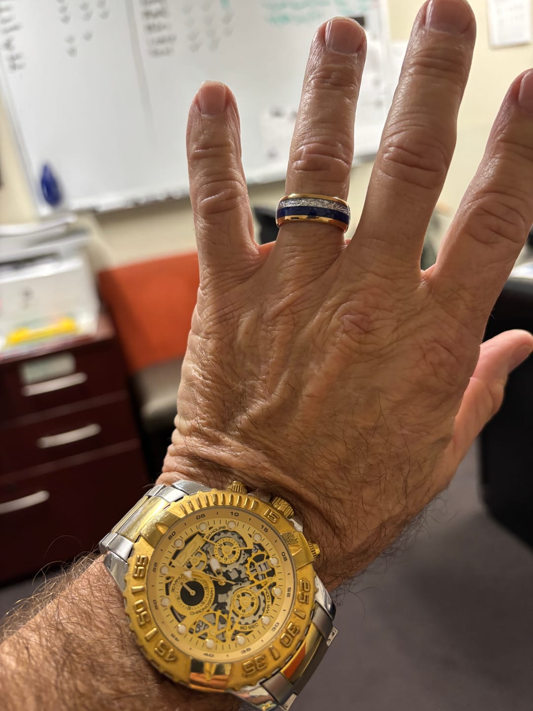 Customer photo review of 8mm- ROSE GOLD TUNGSTEN ARROW RING W/ BLUE LAPIS LAZULI, FAUX METEORITE,