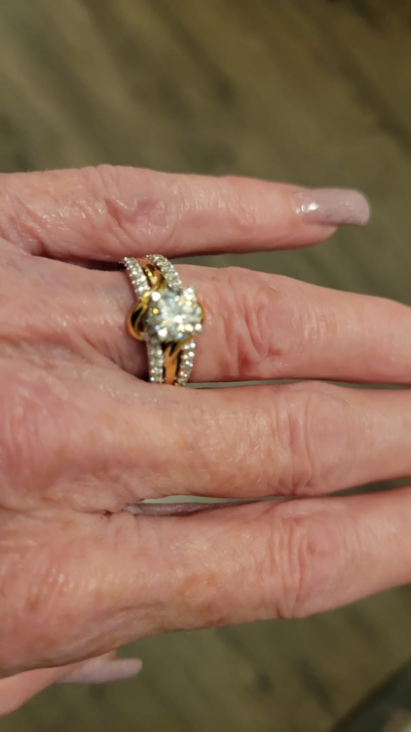 Customer photo review of Round Moissanite Two Tone Vine Split Shank Pave Engagement Ring