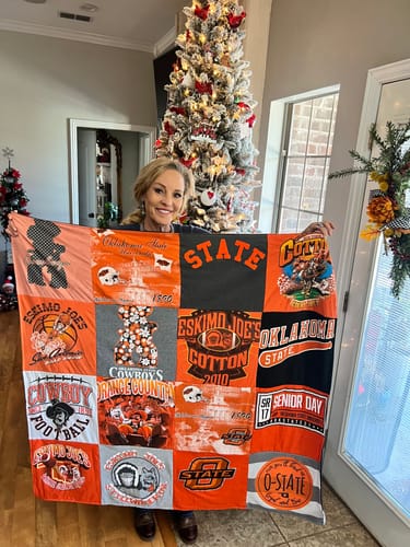 T-shirt quilt featuring oklahoma state university cowboys by Kristin from TX