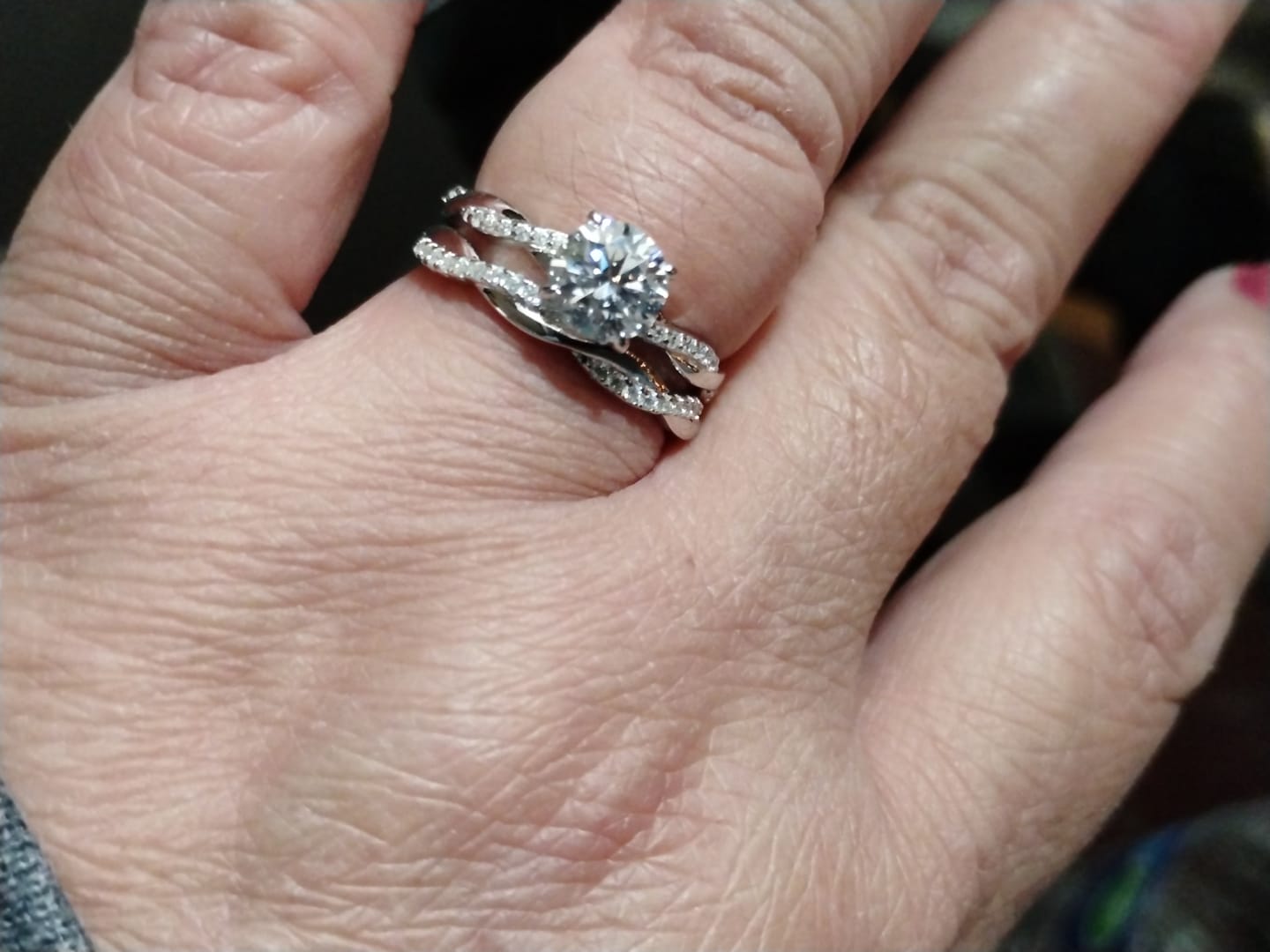 Customer photo review of Twisted Vine Moissanite Half Eternity Wedding Band Stackable Ring