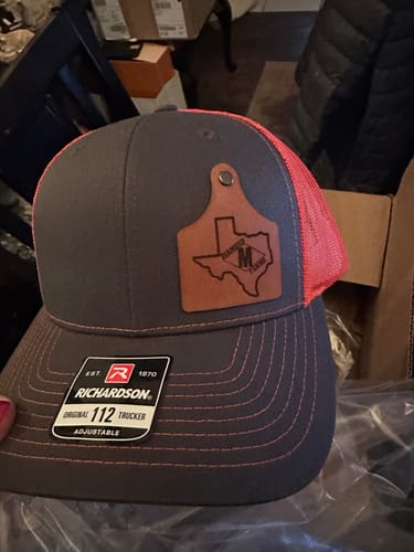 Customer photo review of Ear Tag Custom Leather Patch Trucker Hat - Richardson 112