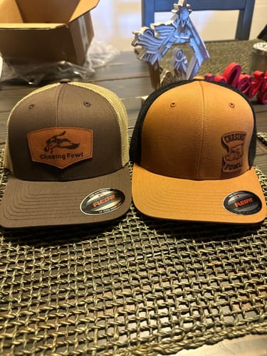 Customer photo review of Custom Leather Patch Trucker Hat - Flexfit 6511