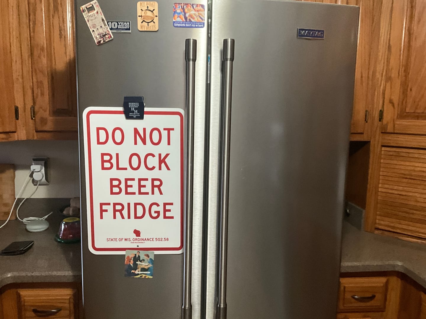 Customer photo review of "Do Not Block Beer Fridge" Street Sign