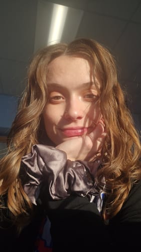 Customer photo review of Pearl Gray Silk Scrunchie