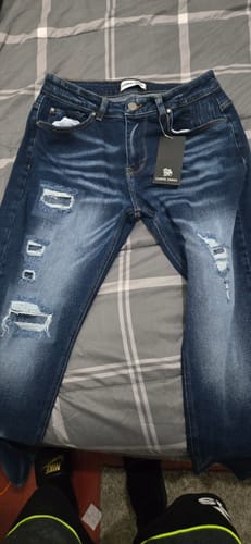Customer photo review of Navy Blue Slim Tapered Distressed Jeans
