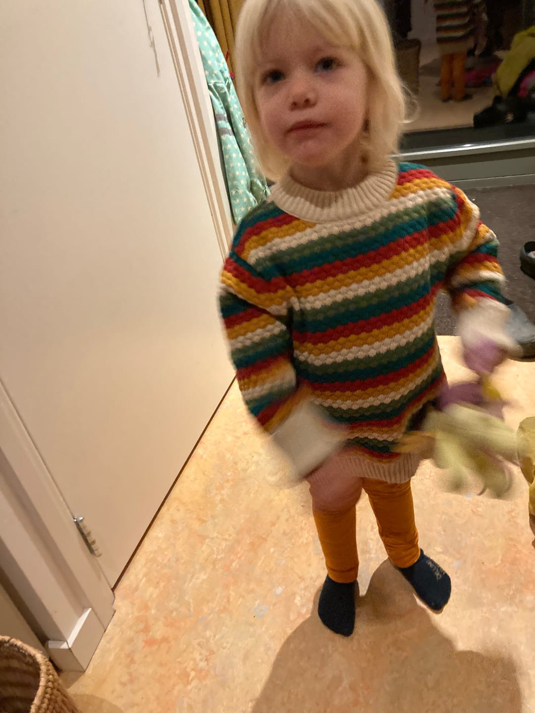 Customer photo review of From One To Another Honeycomb Rainbow Striped Snuggly Knitted Jumper