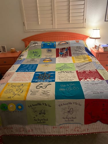 T-shirt quilt with cycling, beach activities themes by Karen from FL