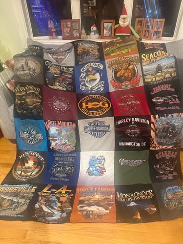 T-shirt quilt with motorcycles, travel themes by Deb from RI