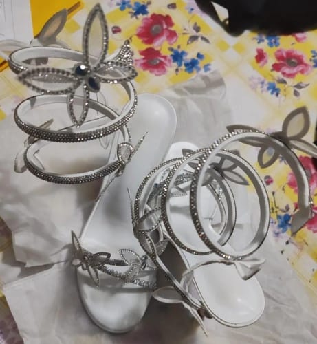 Customer photo review of White Butterfly Lace-Up Heels