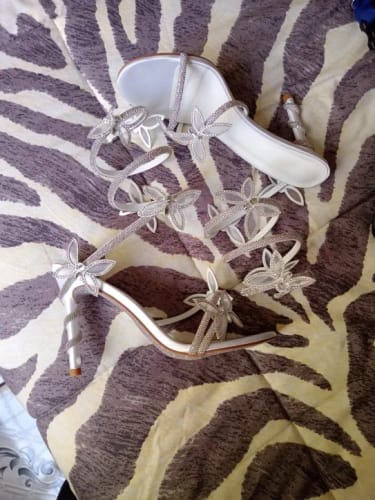 Customer photo review of White Butterfly Lace-Up Heels