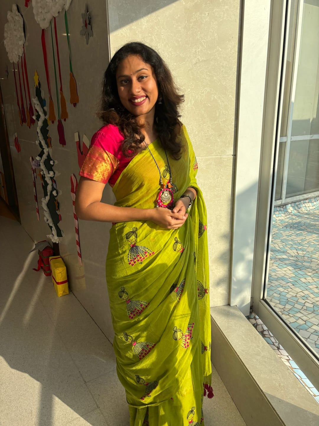 Customer photo review of Green Embroidery Mulmul Cotton Saree