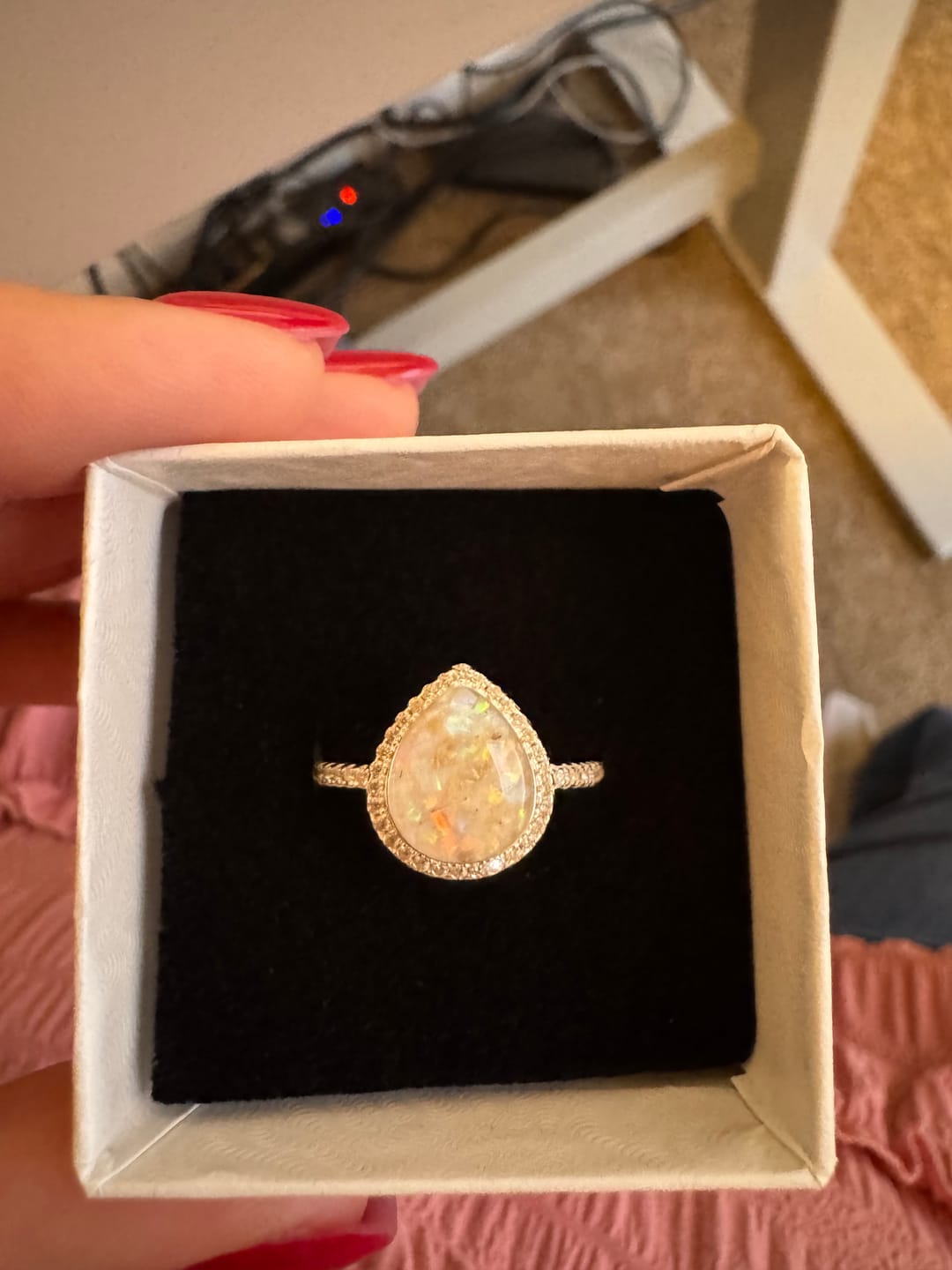 Customer photo review of Bedazzled Pear Opal Ring with Cremation Ashes