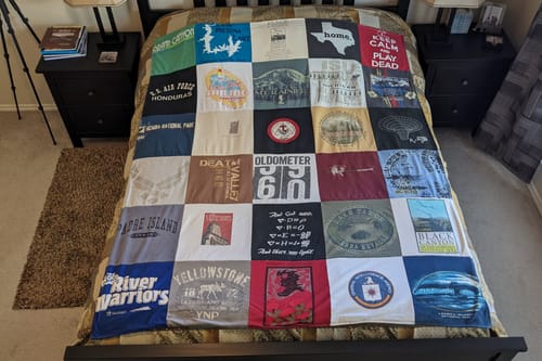 T-shirt quilt with travel, outdoors themes by Jose from TX
