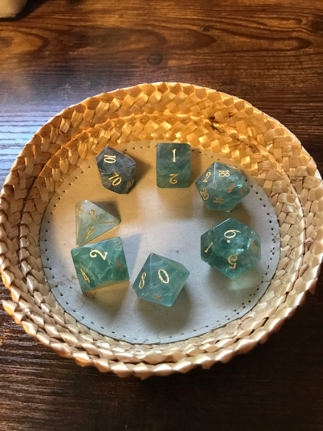 Customer photo review of URWizards D&D Green Fluorite Gemstone Engraved Dice Set Moon Style