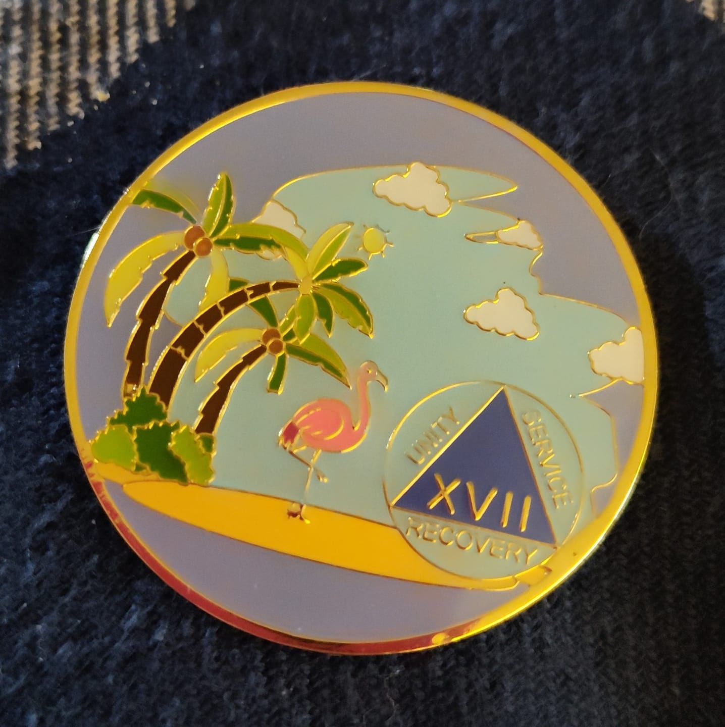 Customer photo review of 17 Year Beach Themed Specialty Tri-Plated AA Recovery Medallion - Seventeen Year Chip/Coin
