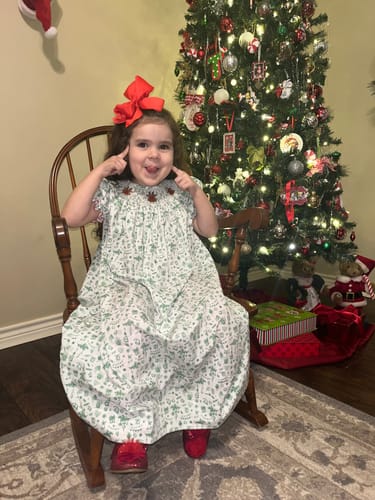 Customer photo review of Reindeer Cheer Smocked Green Toile Bishop Dress