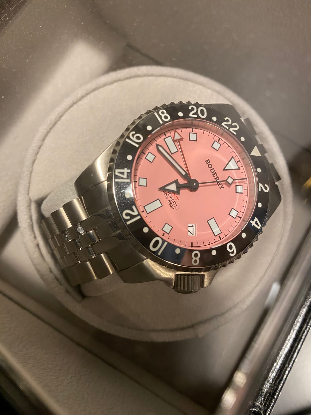 Customer photo review of ADMIRAL GMT - 200M Waterproof Titanium Automatic Diver Watch | Pink-(Ceramic Bezel)