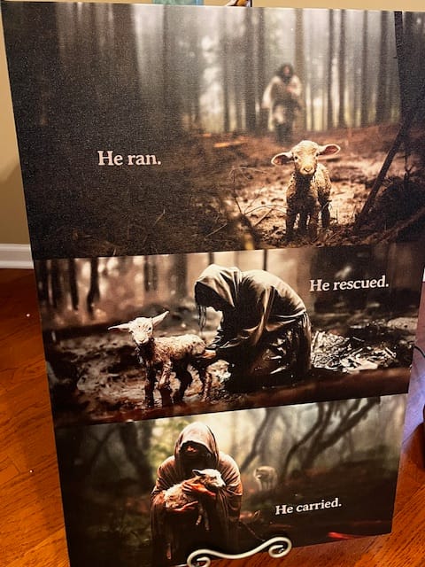 Customer photo review of He Ran, He Rescued, He Carried, Jesus and Lost Sheep, Wall Art Canvas