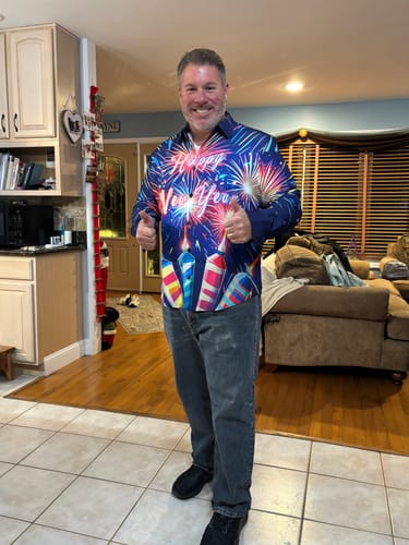 Customer photo review of Men's Funny Christmas Happy New Year Holiday Button Long Sleeve Shirt