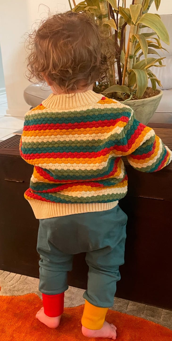 Customer photo review of From One To Another Honeycomb Rainbow Striped Snuggly Knitted Jumper