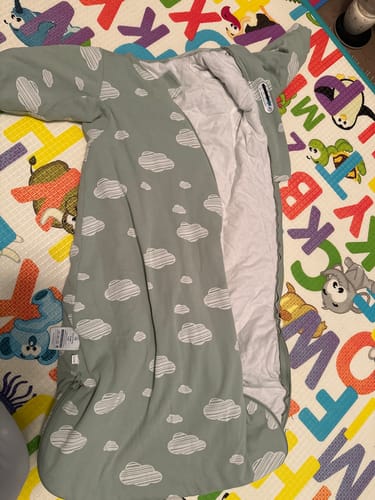 Customer photo review of Organic Cotton & Camel Wool Long Sleeve Sleep Sack 1.0 TOG - Green Sky