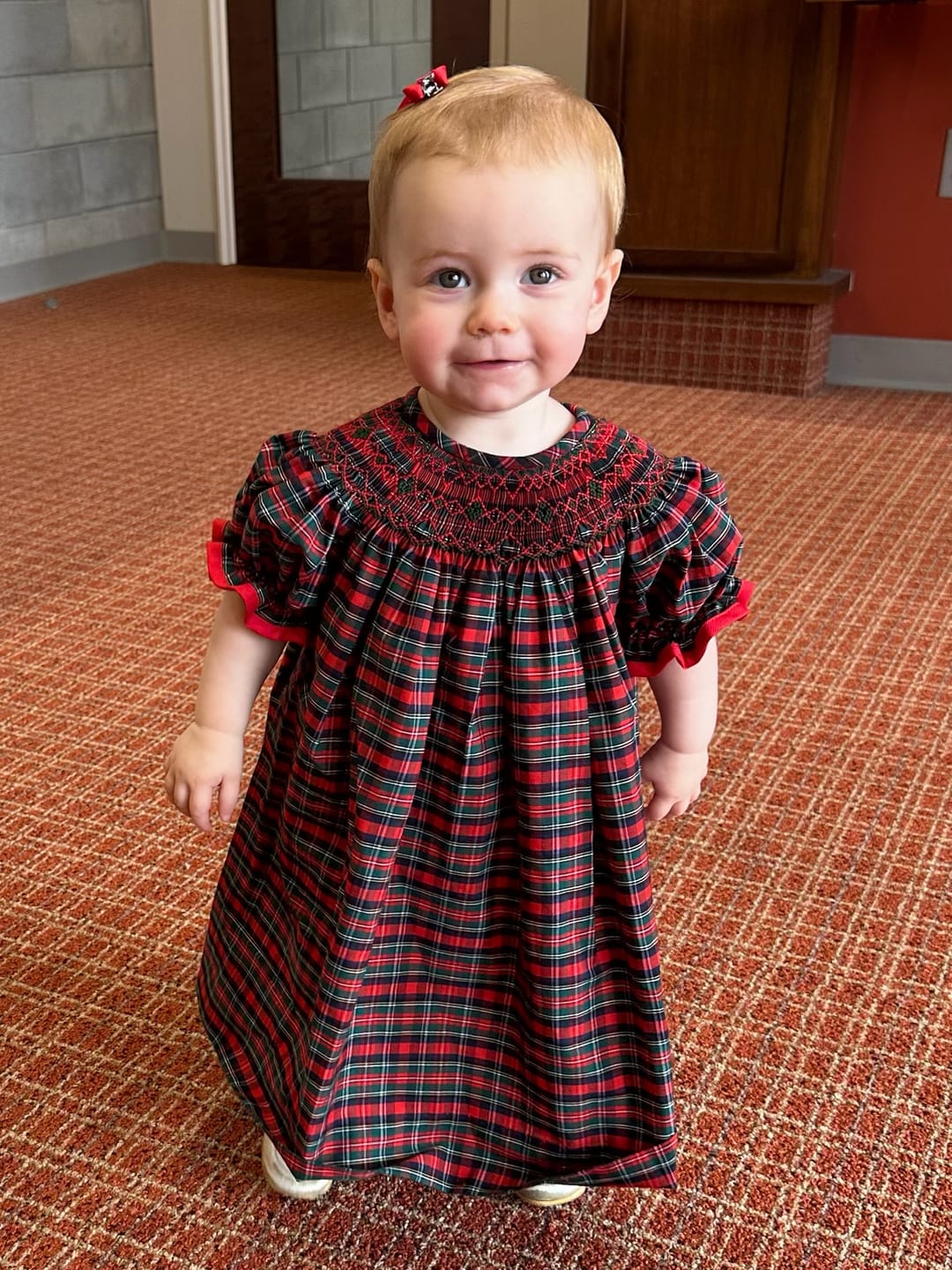 Customer photo review of Christmas Eve Plaid Smocked Bishop Dress