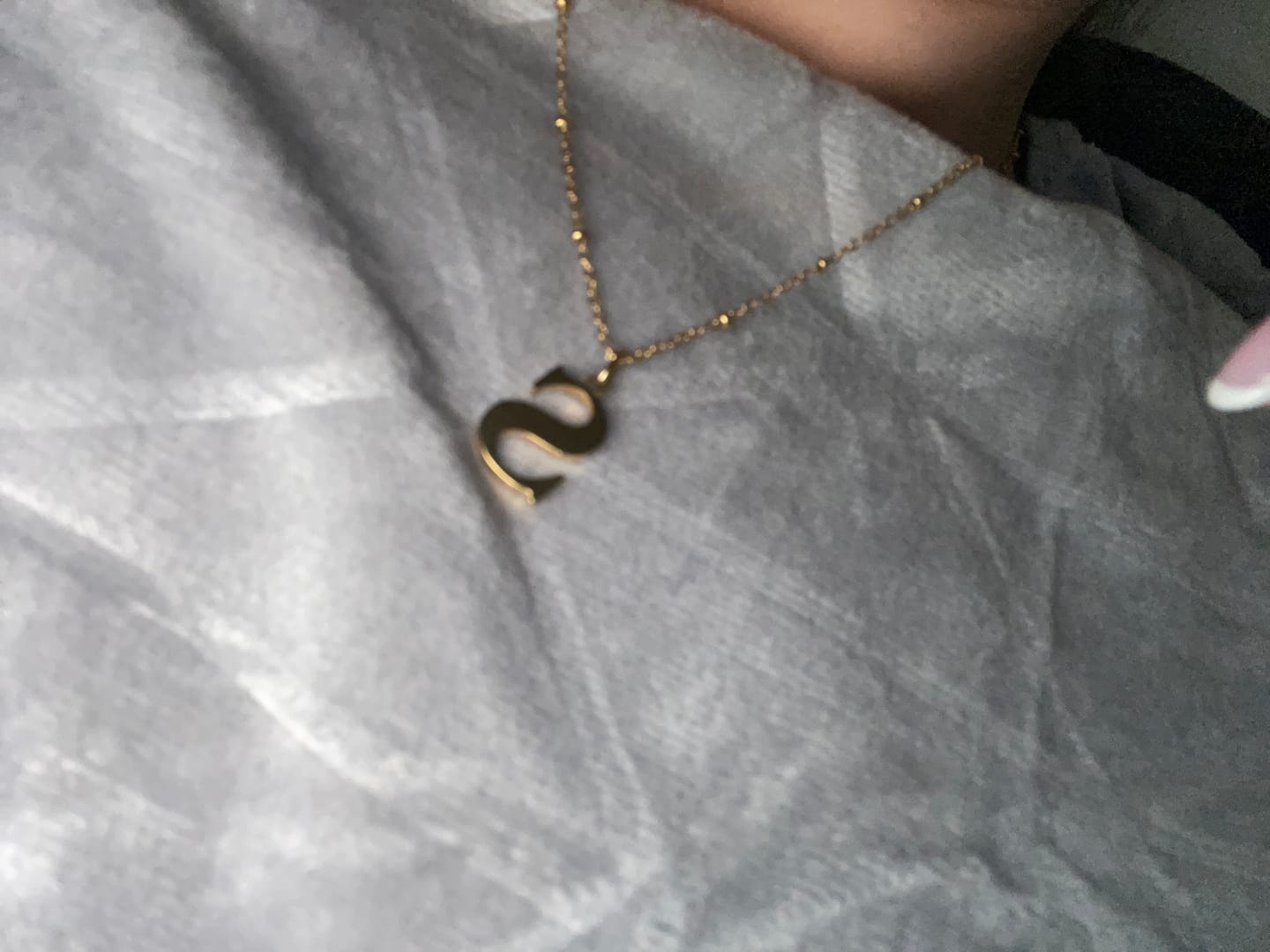 Customer photo review of S Initial Pendant Necklace In Gold + FREE Diamond Stud Earrings in Gold
