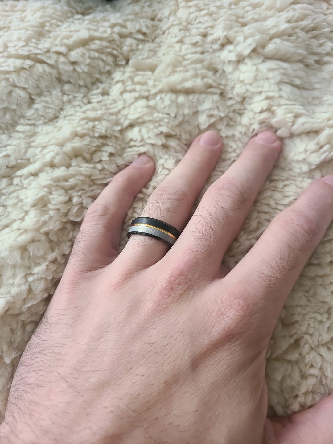 Customer photo review of 8MM - Black & Gold Tungsten Ring Matte Finish Brushed Laser Horizontal Grain
