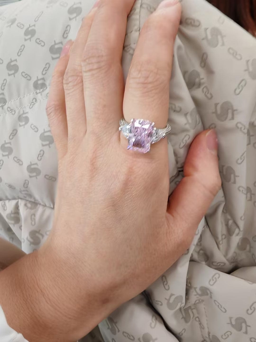 Customer photo review of S925 5.0Ct Pink/White Stone Radiant Cut Three Stone Engagement Ring Anniversary Ring For Women