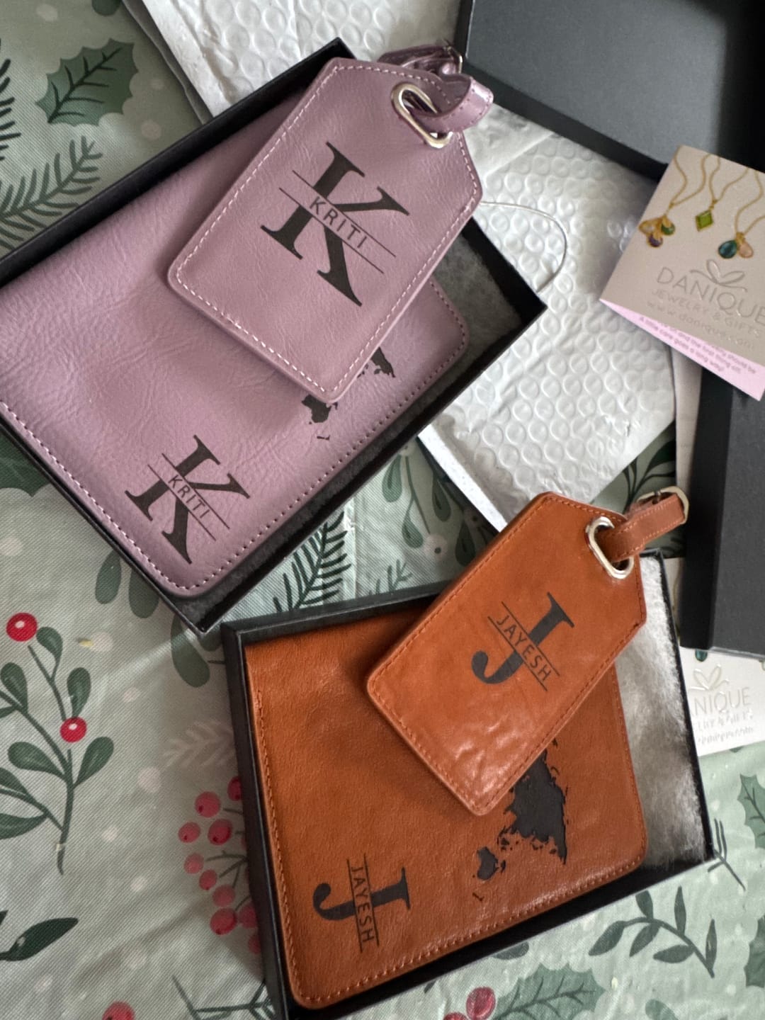 Customer photo review of Personalized Leather Passport Holder and Luggage Tag Set