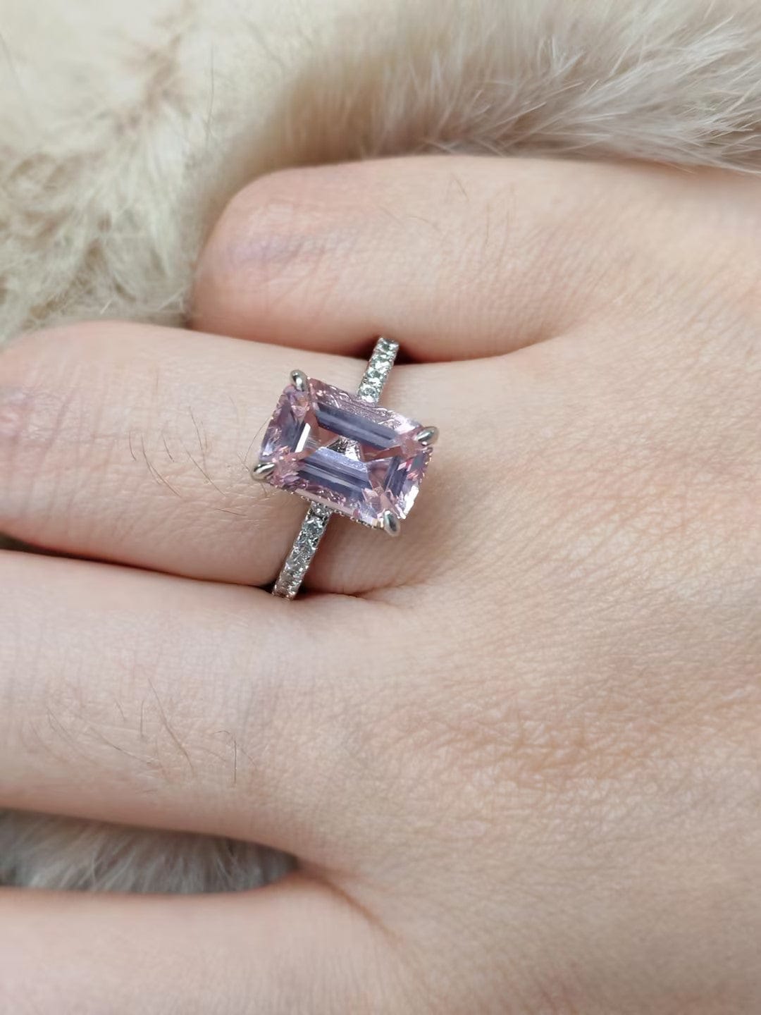 Customer photo review of Louily Elegant Emerald Cut Morganite Pink Women's Engagement Ring In Sterling Silver