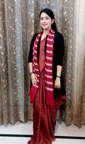 Customer photo review of Pashtush Womens Extra Fine Wool, Striped Woven Scarf, Crimson Maroon