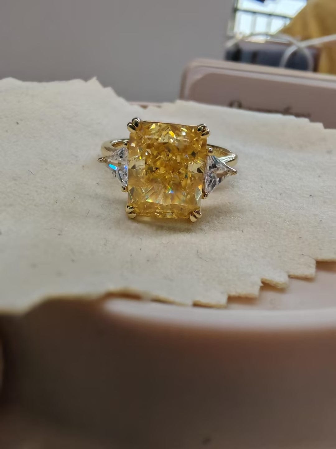 Customer photo review of S925 4.0Ct Radiant & Triangle Cut Yellow Stone Three Stone Engagement Ring In Sterling Silver