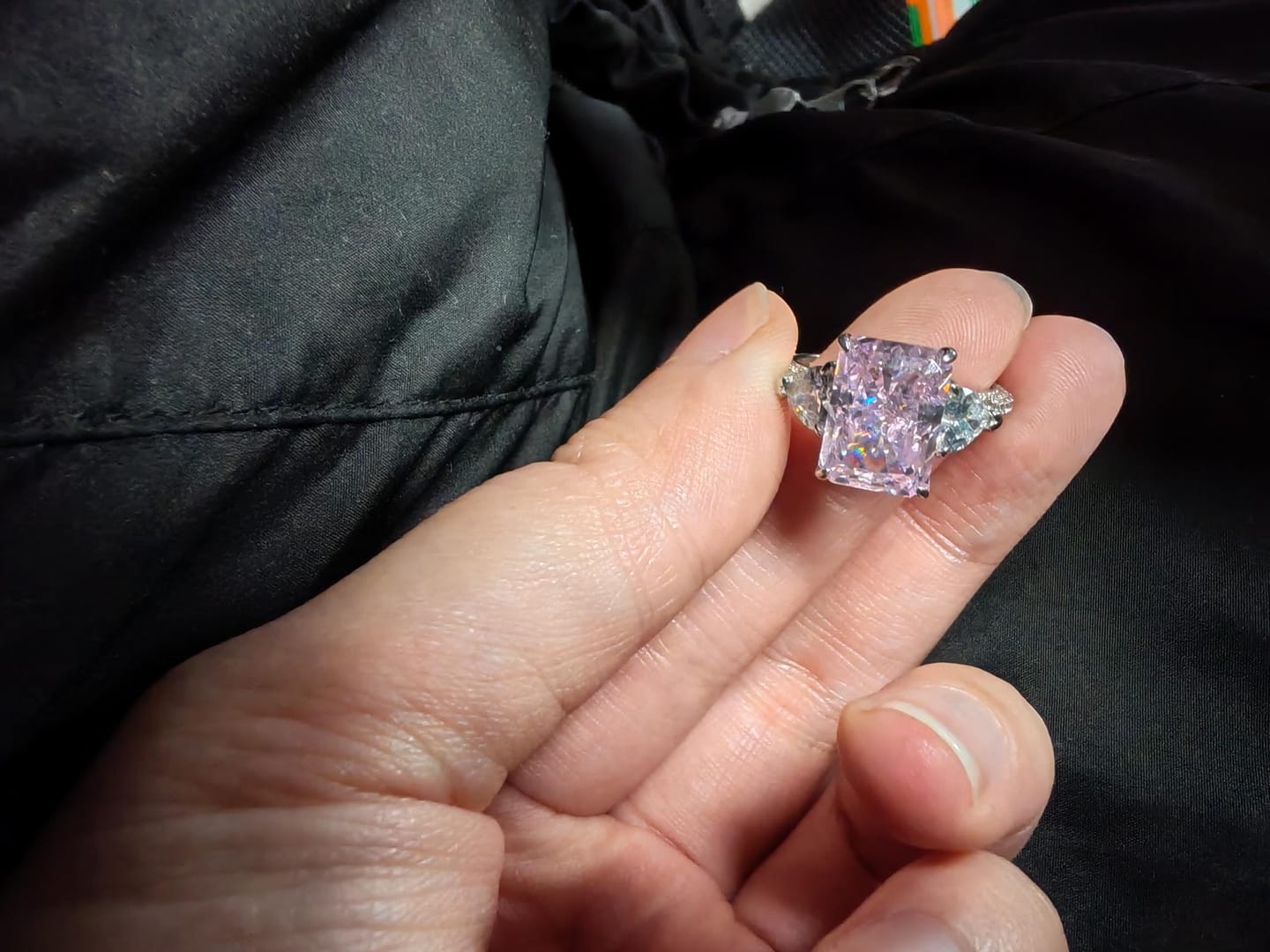 Customer photo review of S925 5.0Ct Pink/White Stone Radiant Cut Three Stone Engagement Ring Anniversary Ring For Women