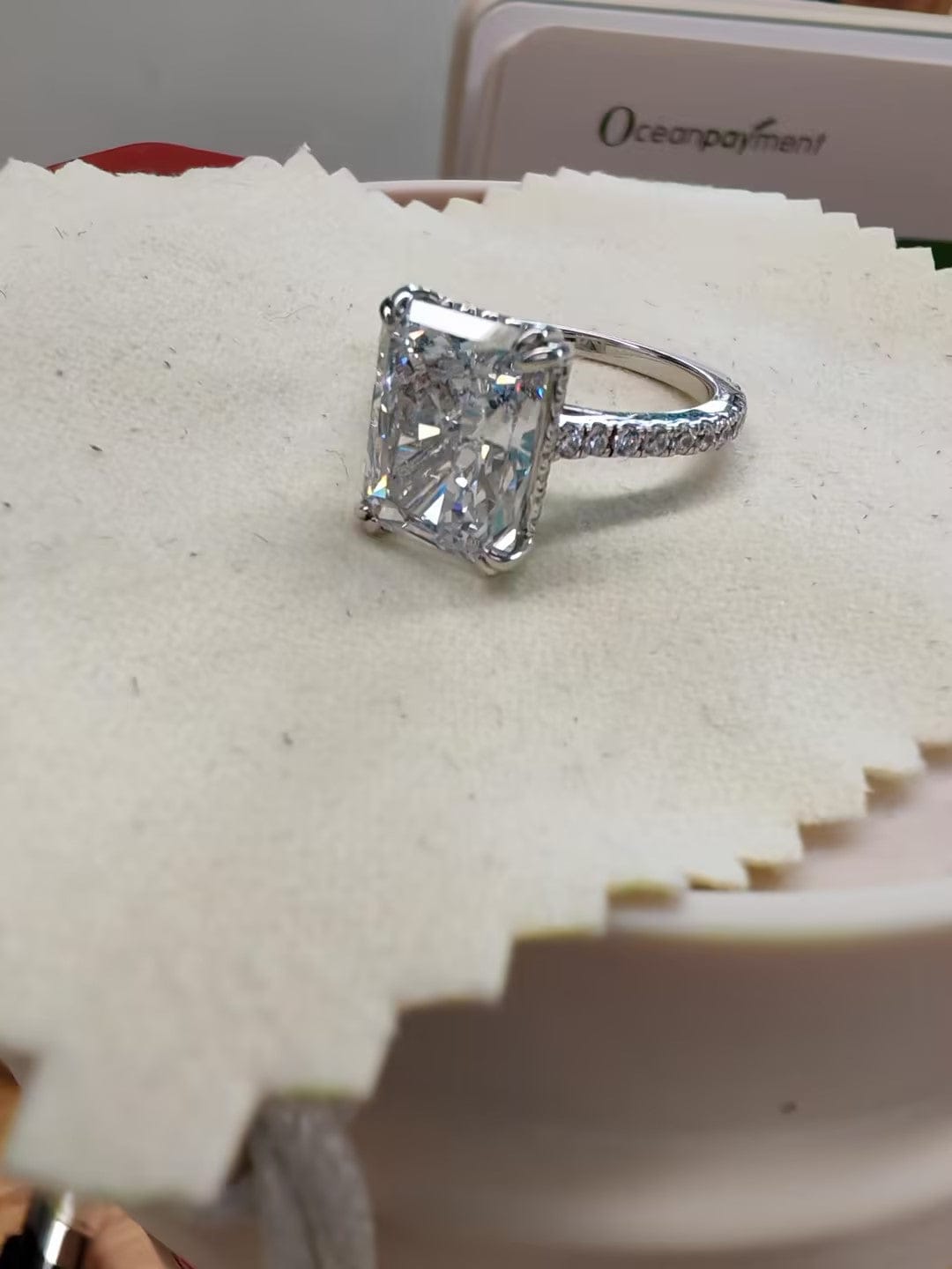 Customer photo review of S925 4.5Ct Radiant Cut Engagement Ring Moissanite/Simulated Diamond Solitaire Stackable Travel Ring For Women