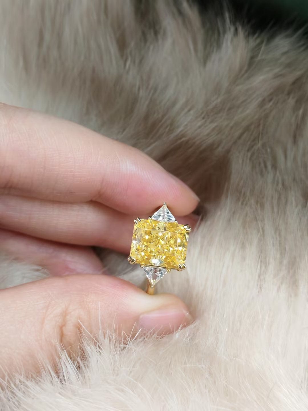 Customer photo review of S925 4.0Ct Radiant & Triangle Cut Yellow Stone Three Stone Engagement Ring In Sterling Silver