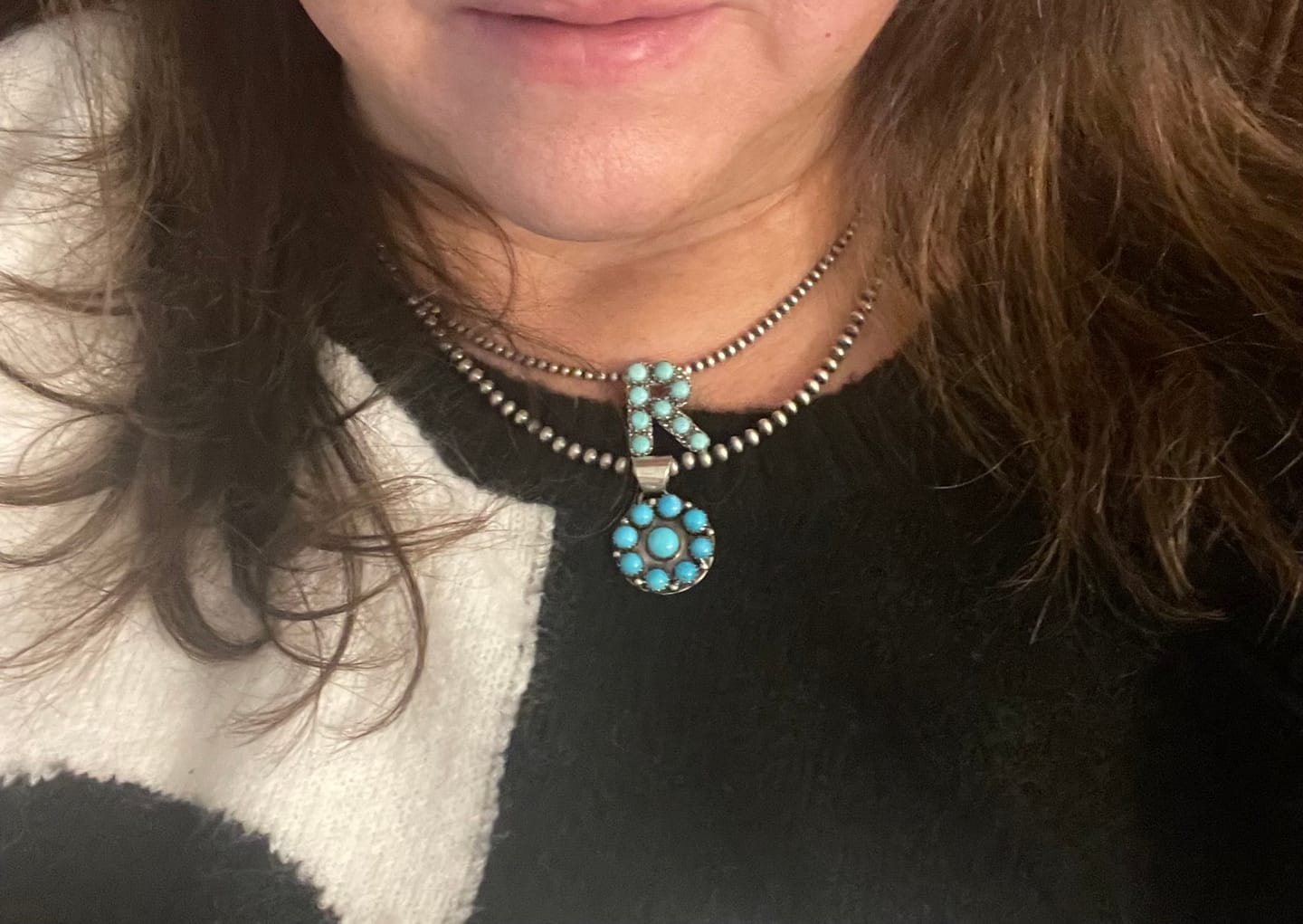 Customer photo review of Natural Kingman Turquoise Sterling Silver Letter Necklace