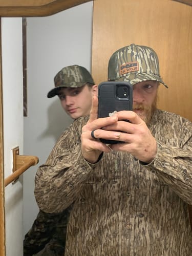 Customer photo review of Blow Me Duck Call, Leather Patch Trucker Hat