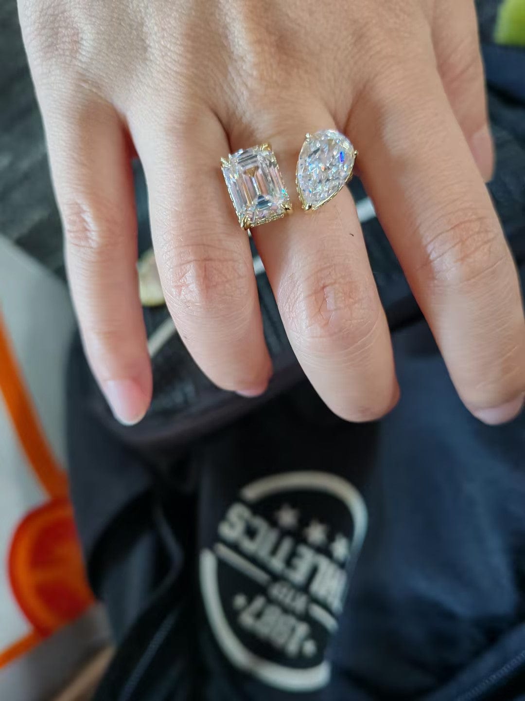 Customer photo review of Louily Unique Double Stones Design Emerald Cut & Pear Cut Engagement Ring
