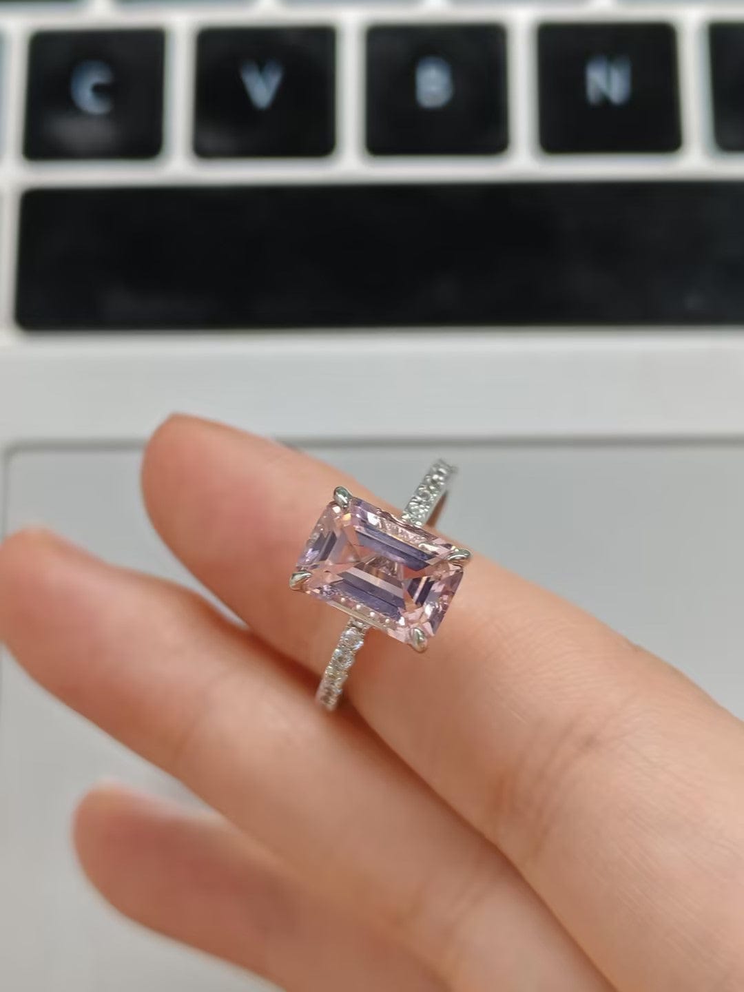 Customer photo review of Louily Elegant Emerald Cut Morganite Pink Women's Engagement Ring In Sterling Silver