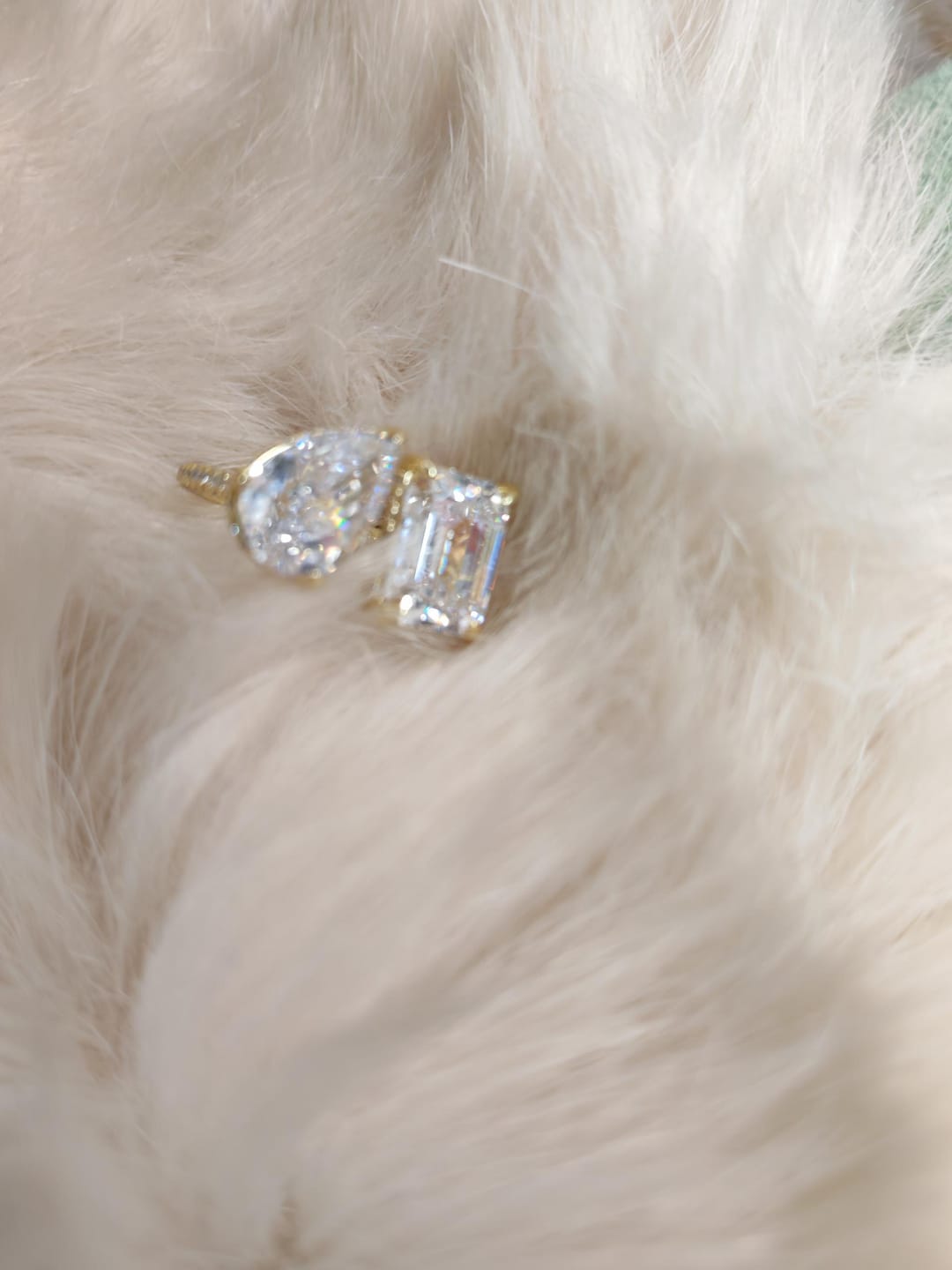 Customer photo review of Louily Unique Double Stones Design Emerald Cut & Pear Cut Engagement Ring