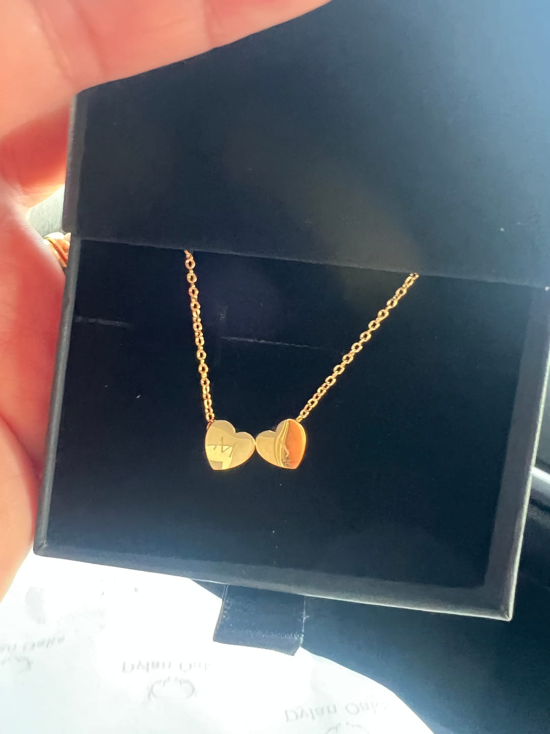 Customer photo review of Amo Heart Double Bead Necklace in Gold