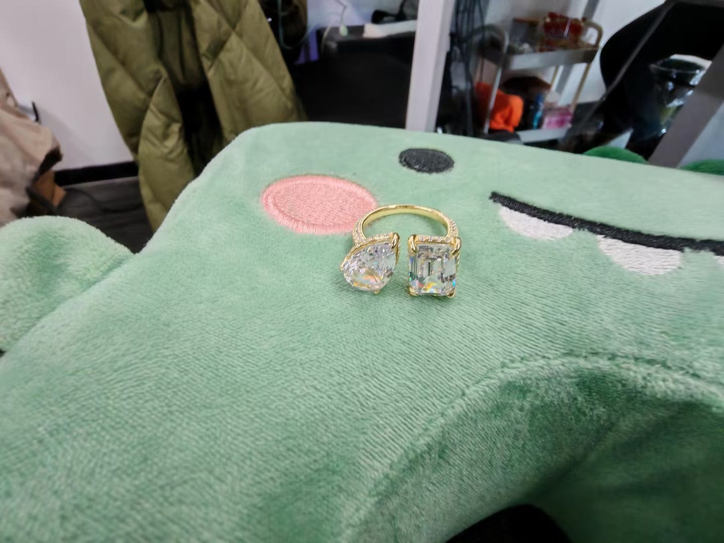 Customer photo review of Louily Unique Double Stones Design Emerald Cut & Pear Cut Engagement Ring