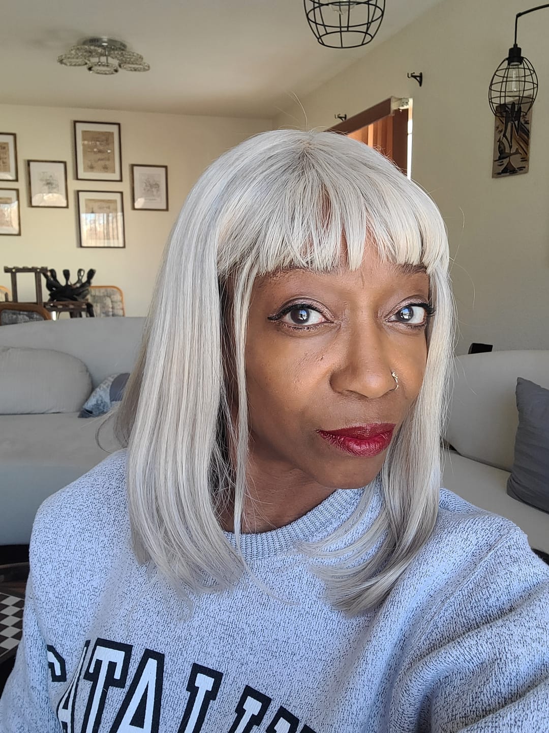 Customer photo review of Luvwin 95% White Salt and pepper Straight Platinum Blonde 100% Glueless Full Machine Made Bang Bob Wig With Small Lace