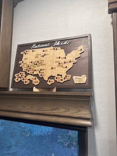 Customer photo review of US Wooden National Parks Travel Map With Trees To Record Park Visits (Coffee)