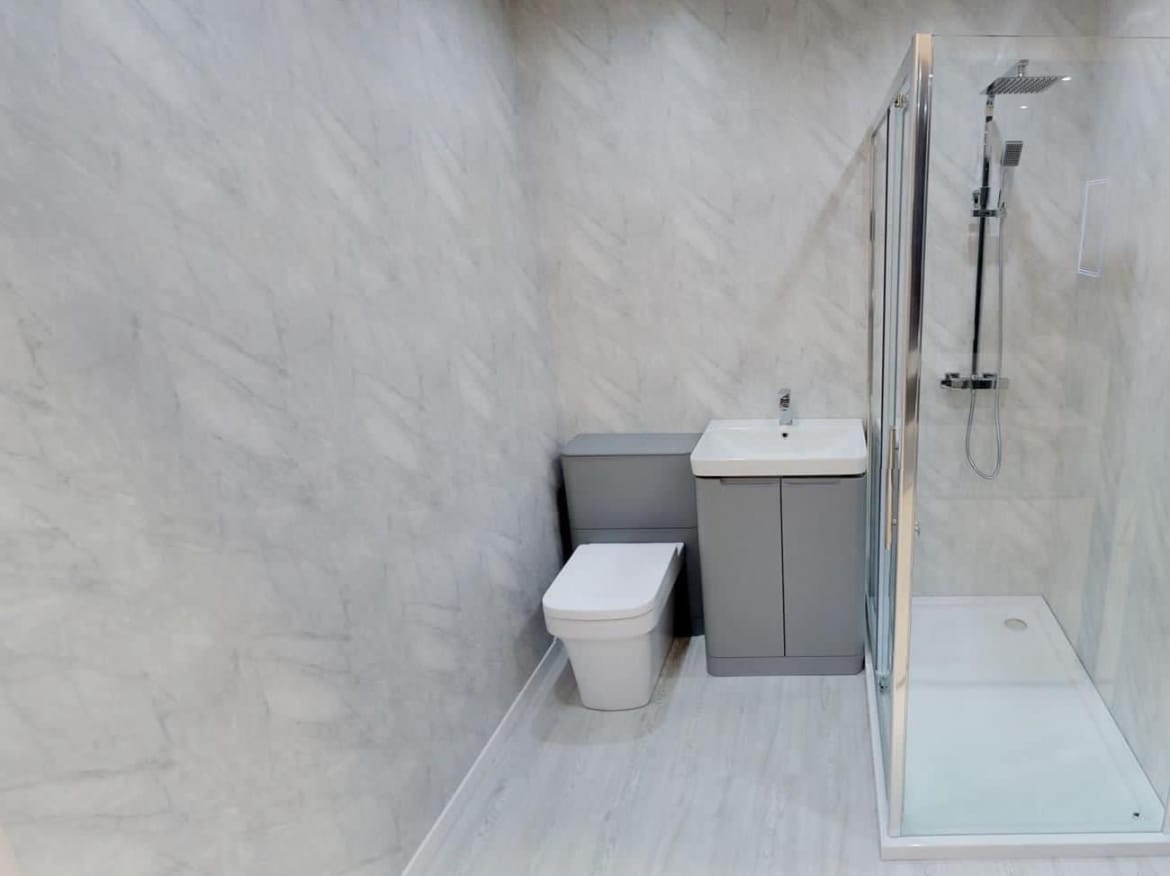 Customer photo review of Premium Grey Marble Gloss Shower Wall Panel – 2400 x 1000mm