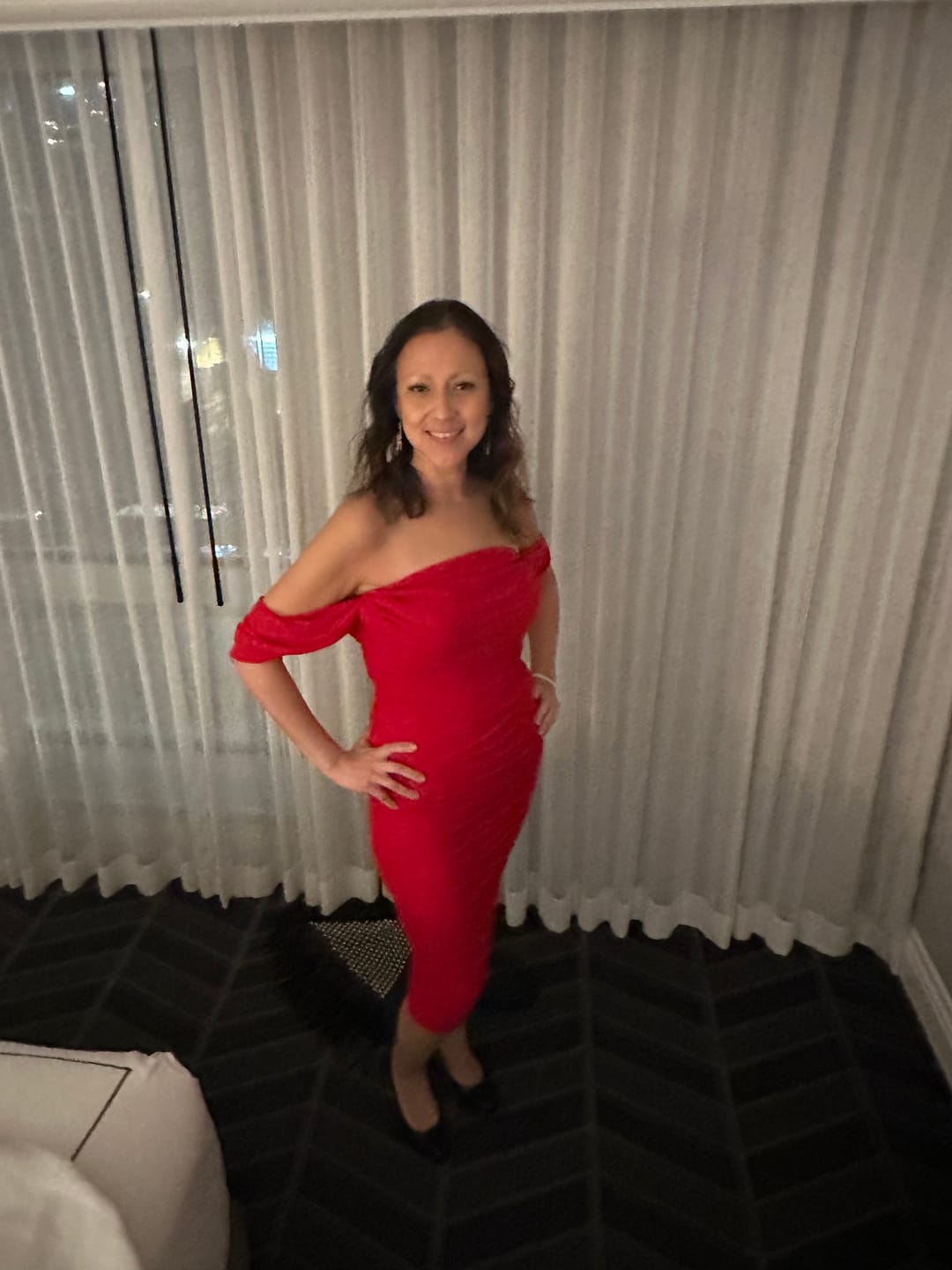Customer photo review of Kat Mesh Off Shoulder Dress - Red